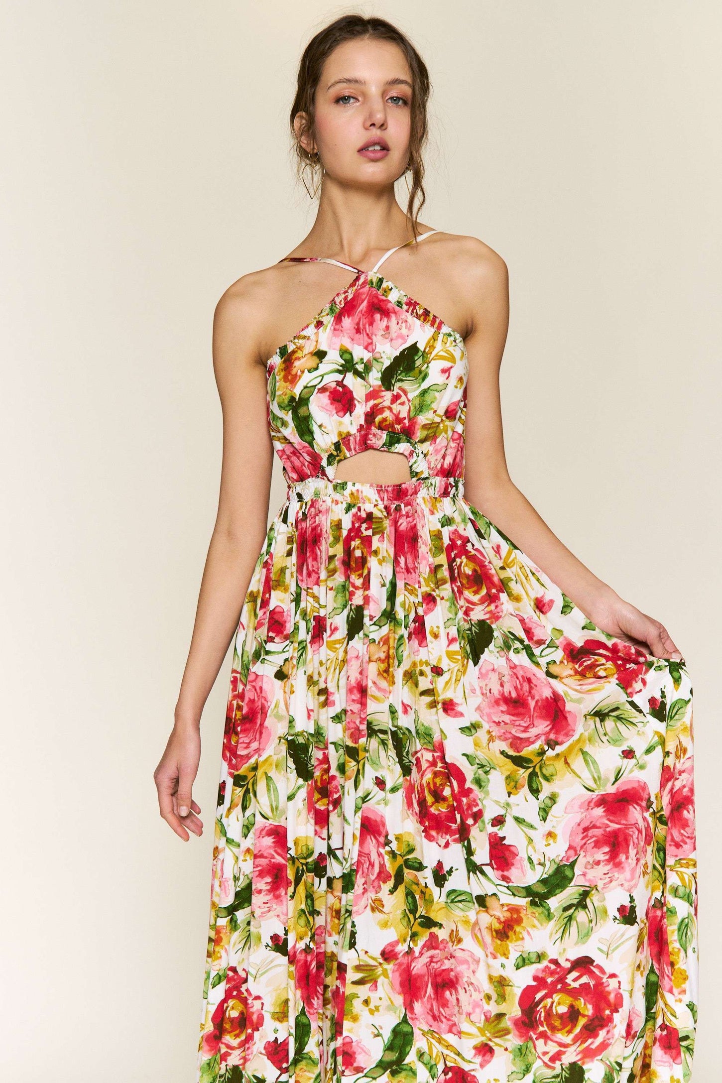 red floral sleeveless dress Red 3d Flower Euroflax Premium Linen Maxi Dress