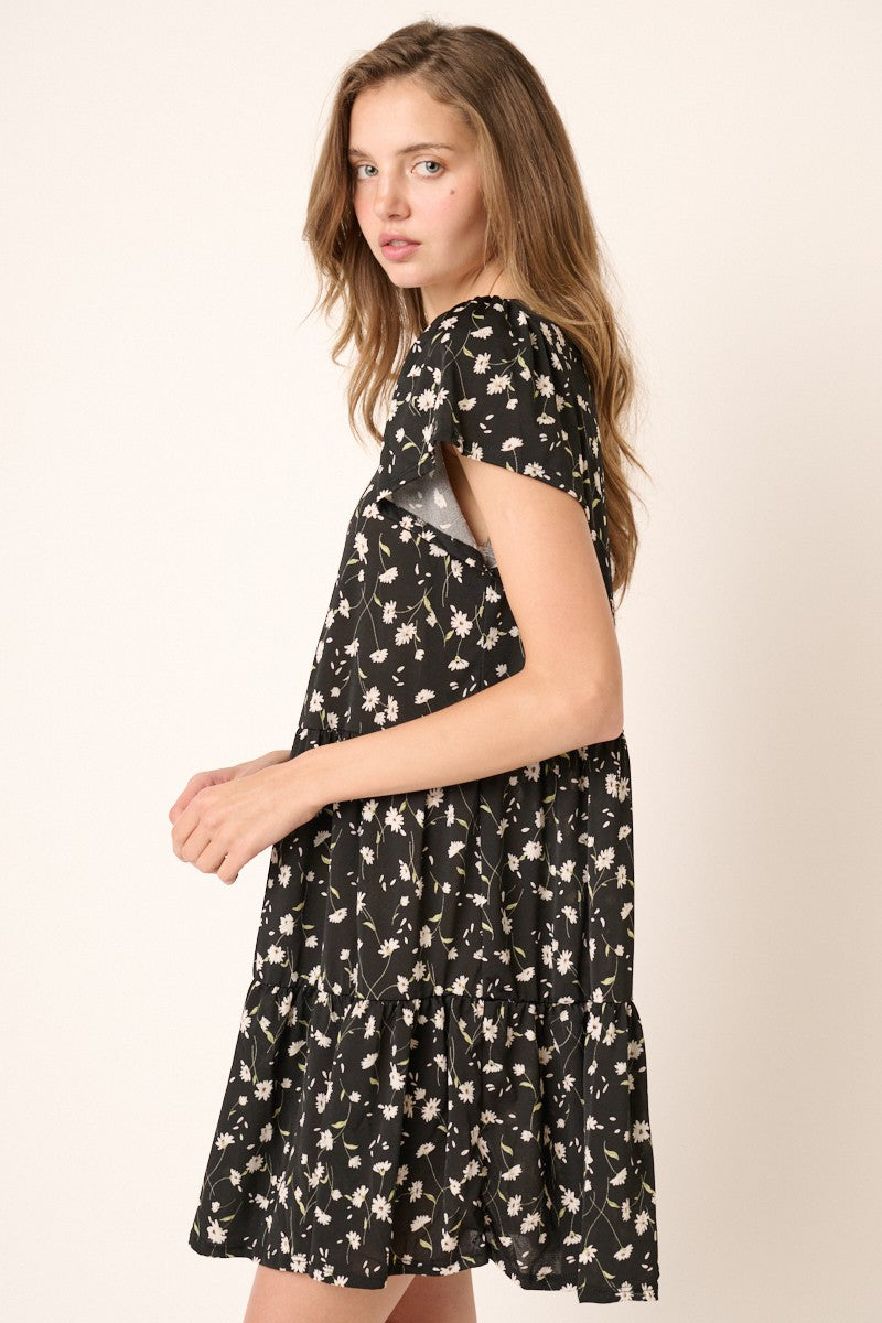 Black Daisy Flower Print Ruffle Detail Mini Dress Black Daisy Flower Print Ruffle Detail Mini Dress