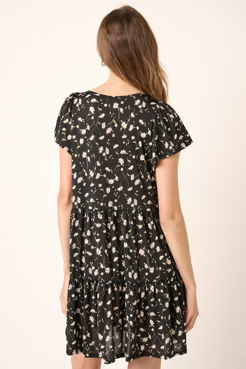 Black Daisy Flower Print Ruffle Detail Mini Dress Black Daisy Flower Print Ruffle Detail Mini Dress