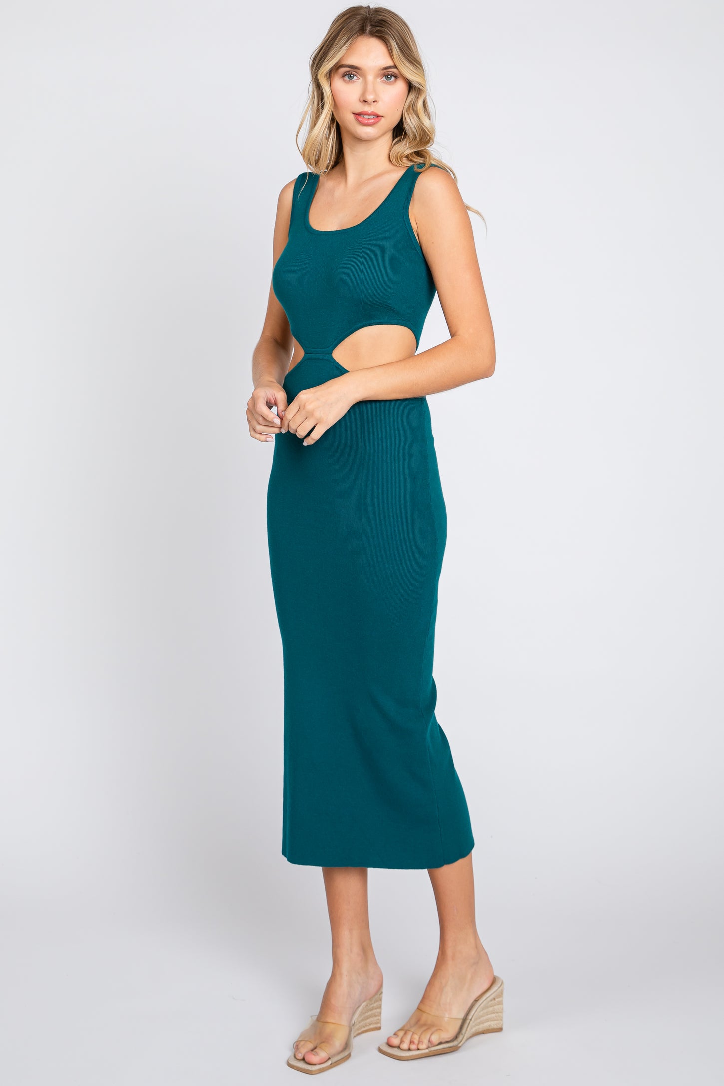 women in business dress Emerald Sleeveless Side Cutout Midi Dress – PinkBlush