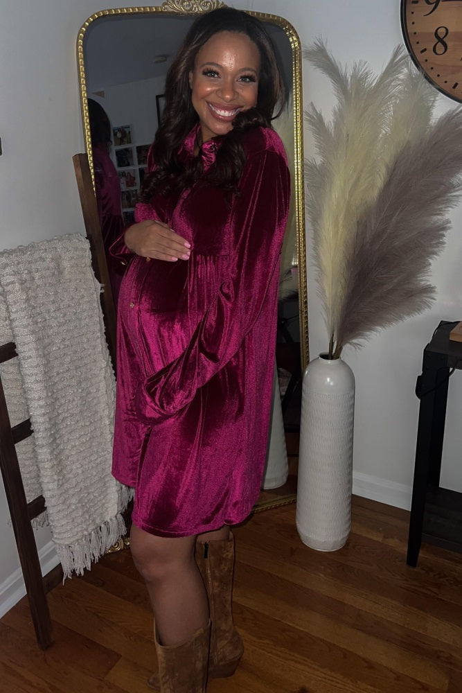 Magenta Velvet Button Down Maternity Dress