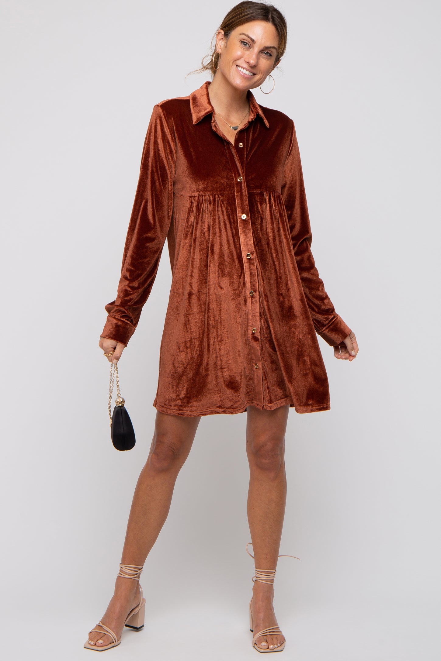 velvet button up dress Rust Velvet Button Down Dress – PinkBlush