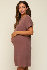 Brown Ribbed Front Pocket Dolman Short Sleeve Maternity Dress