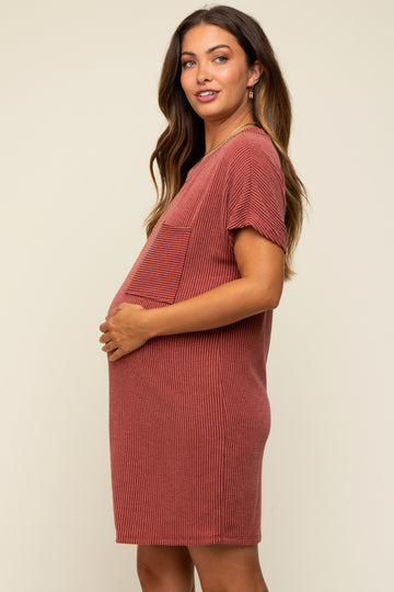 Rust Ribbed Front Pocket Dolman Short Sleeve Maternity Dress