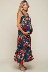 Forest Green Printed Smocked Maternity Midi Dress