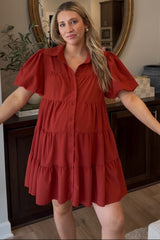 Rust Puff Sleeve Maternity Mini Shirt Dress