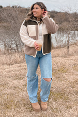 Olive Color Block Sherpa Contrast Pocket Jacket