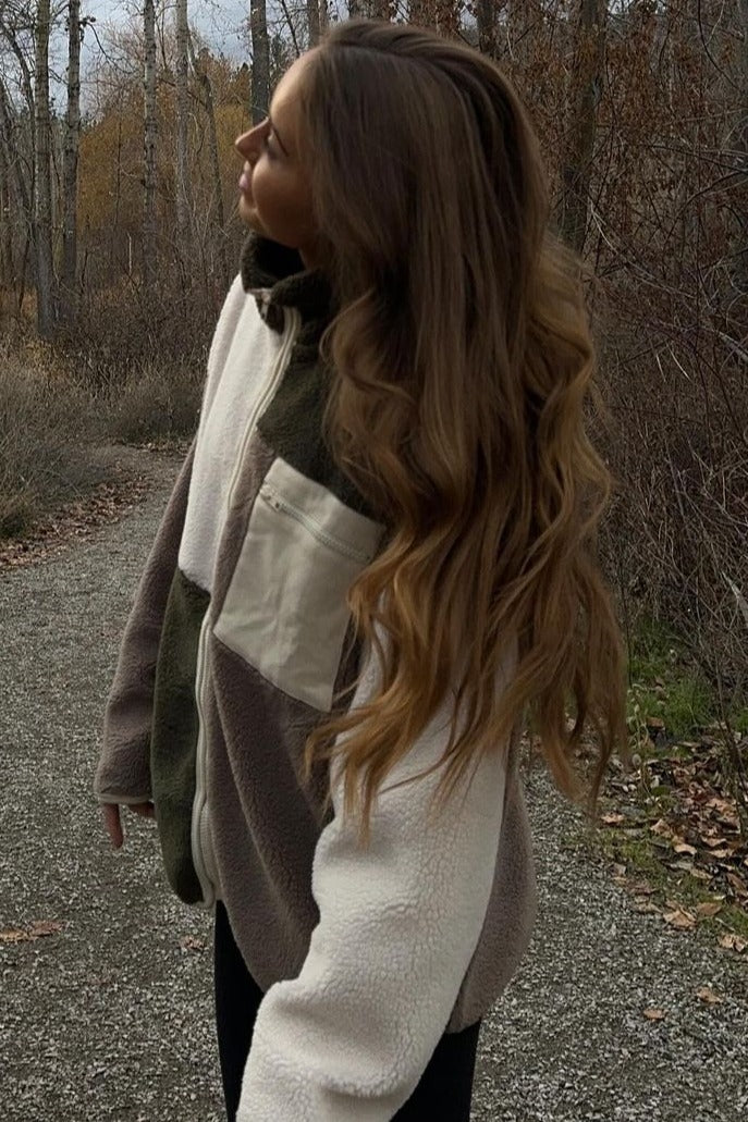 Olive Color Block Sherpa Contrast Pocket Jacket