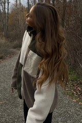 Olive Color Block Sherpa Contrast Pocket Jacket