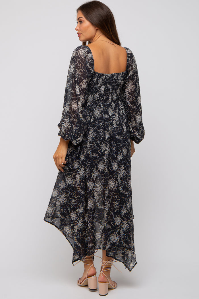 Charcoal Floral Chiffon Square Neck Button Front Maternity Midi Dress