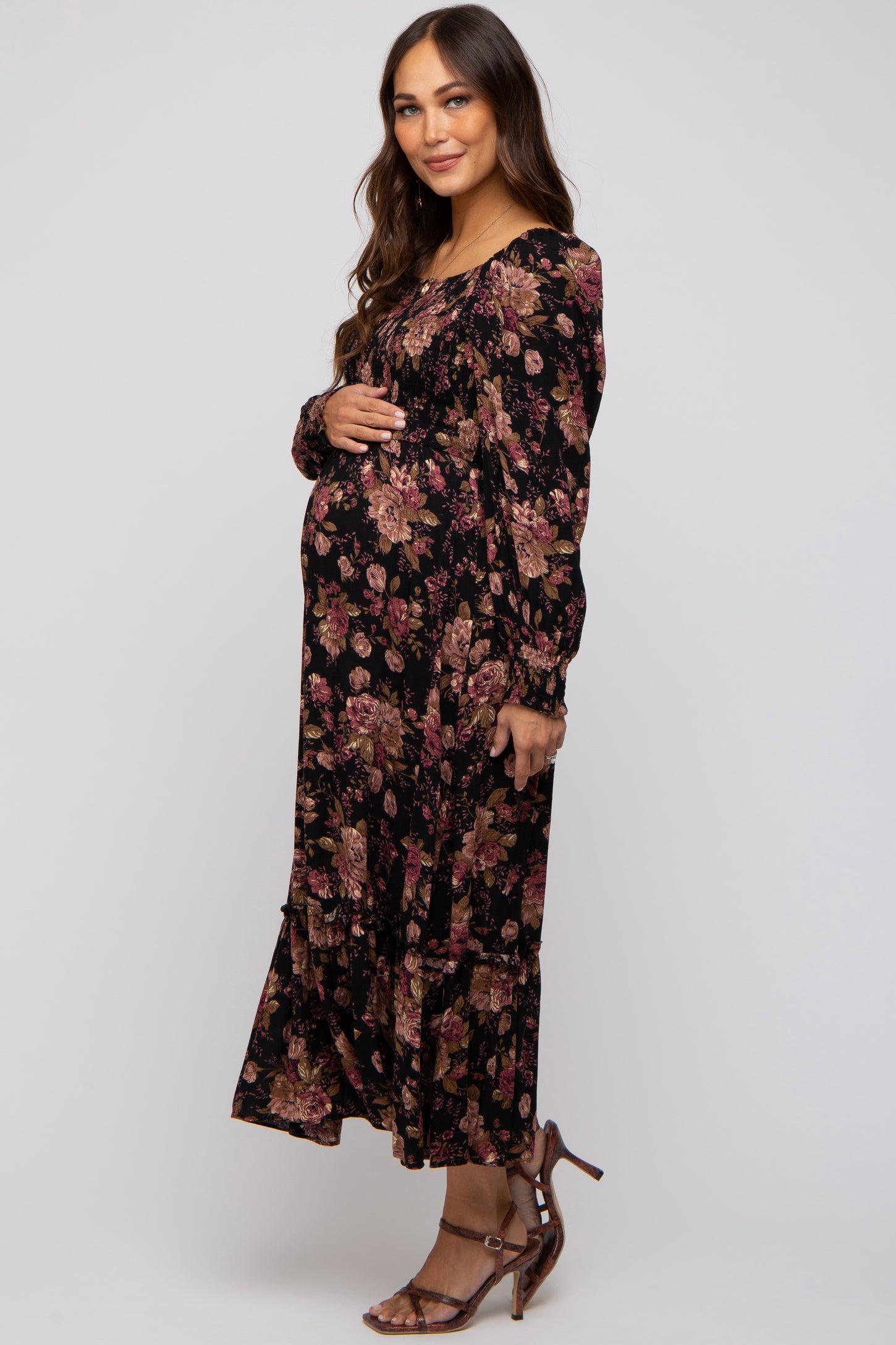 Black Floral Smocked Long Sleeve Maternity Midi Dress