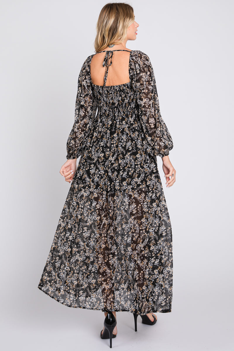 Black Floral Chiffon V-Neck Velvet Trim Maxi Dress – PinkBlush