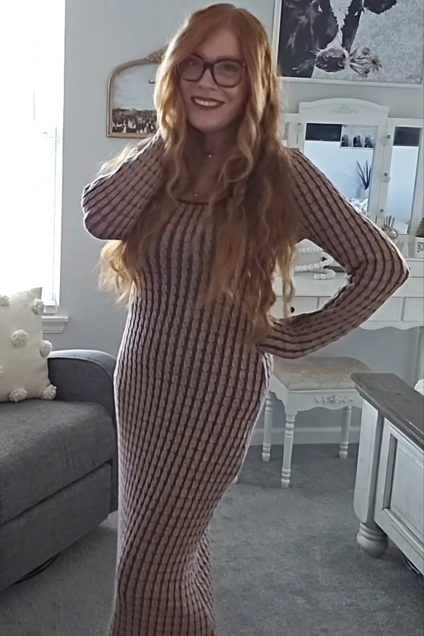 Brown Cable Knit Fitted Midi Dress Brown Cable Knit Fitted Midi Dress