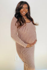 Brown Cable Knit Maternity Fitted Midi Dress