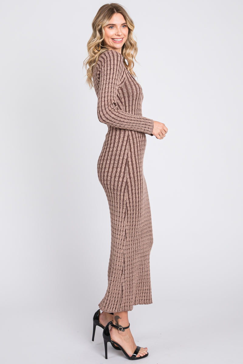 Brown Cable Knit Fitted Midi Dress Brown Cable Knit Fitted Midi Dress