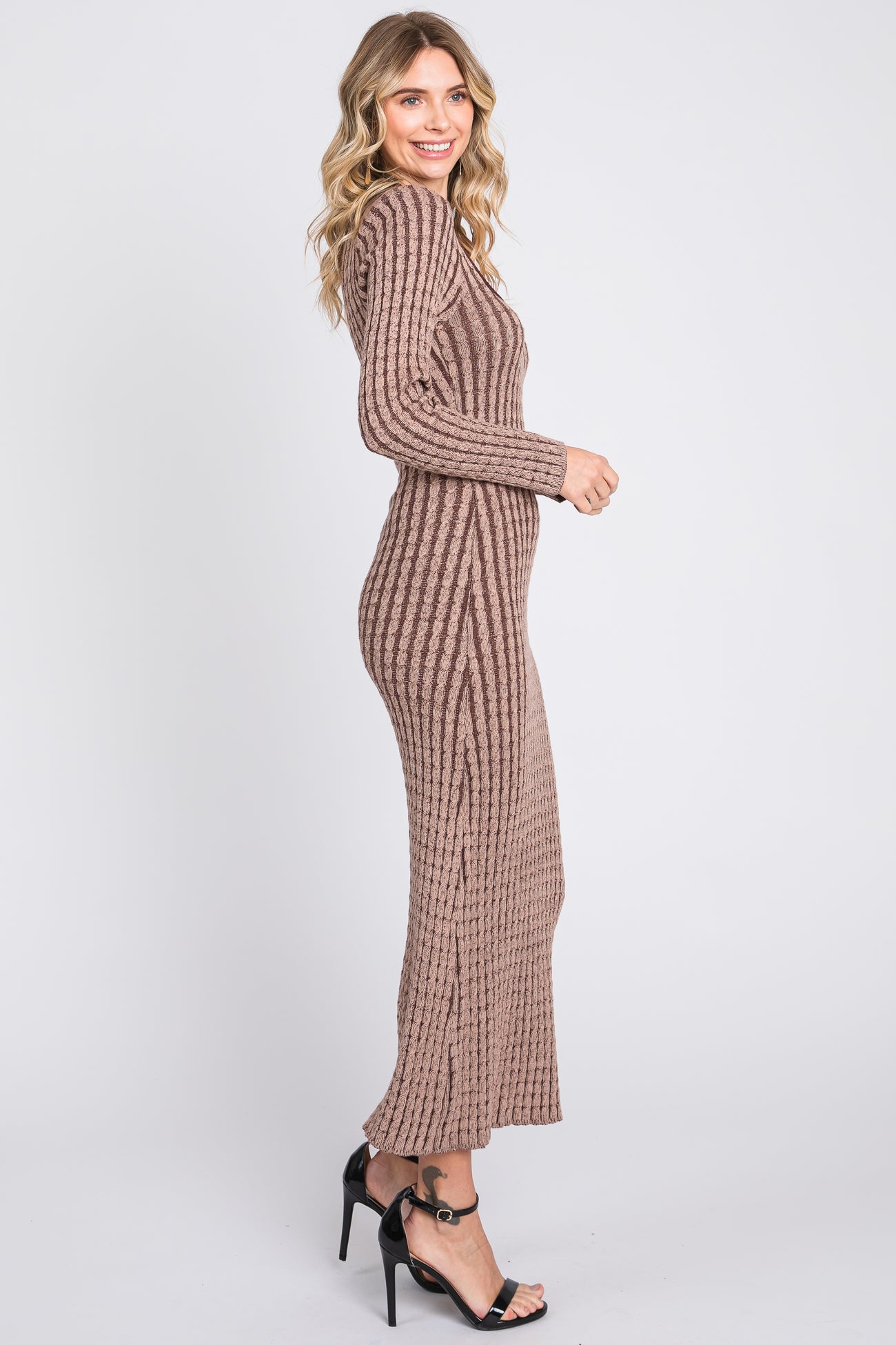 Brown Cable Knit Fitted Midi Dress Brown Cable Knit Fitted Midi Dress