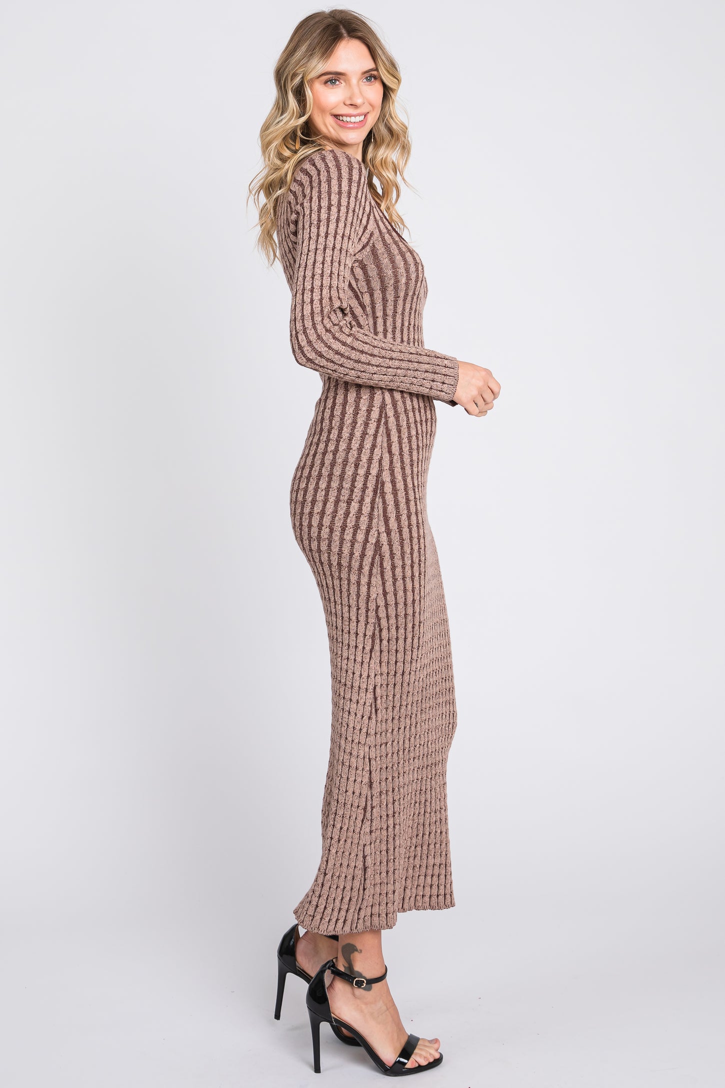 Brown Cable Knit Fitted Midi Dress Brown Cable Knit Fitted Midi Dress