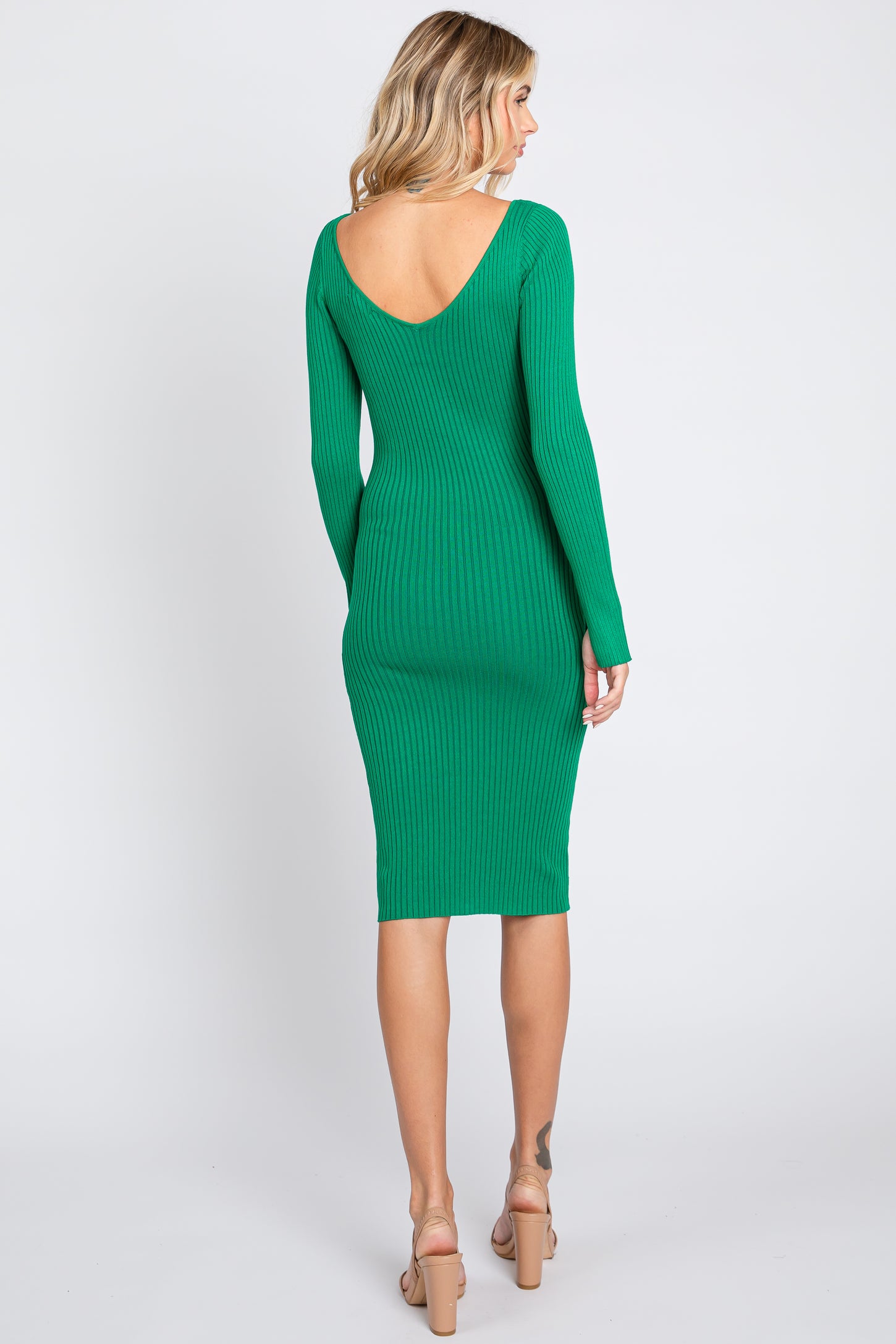 Green Ribbed Knit Long Sleeve Fitted Dress Small Green Ribbed Knit Long Sleeve Fitted Dress Small