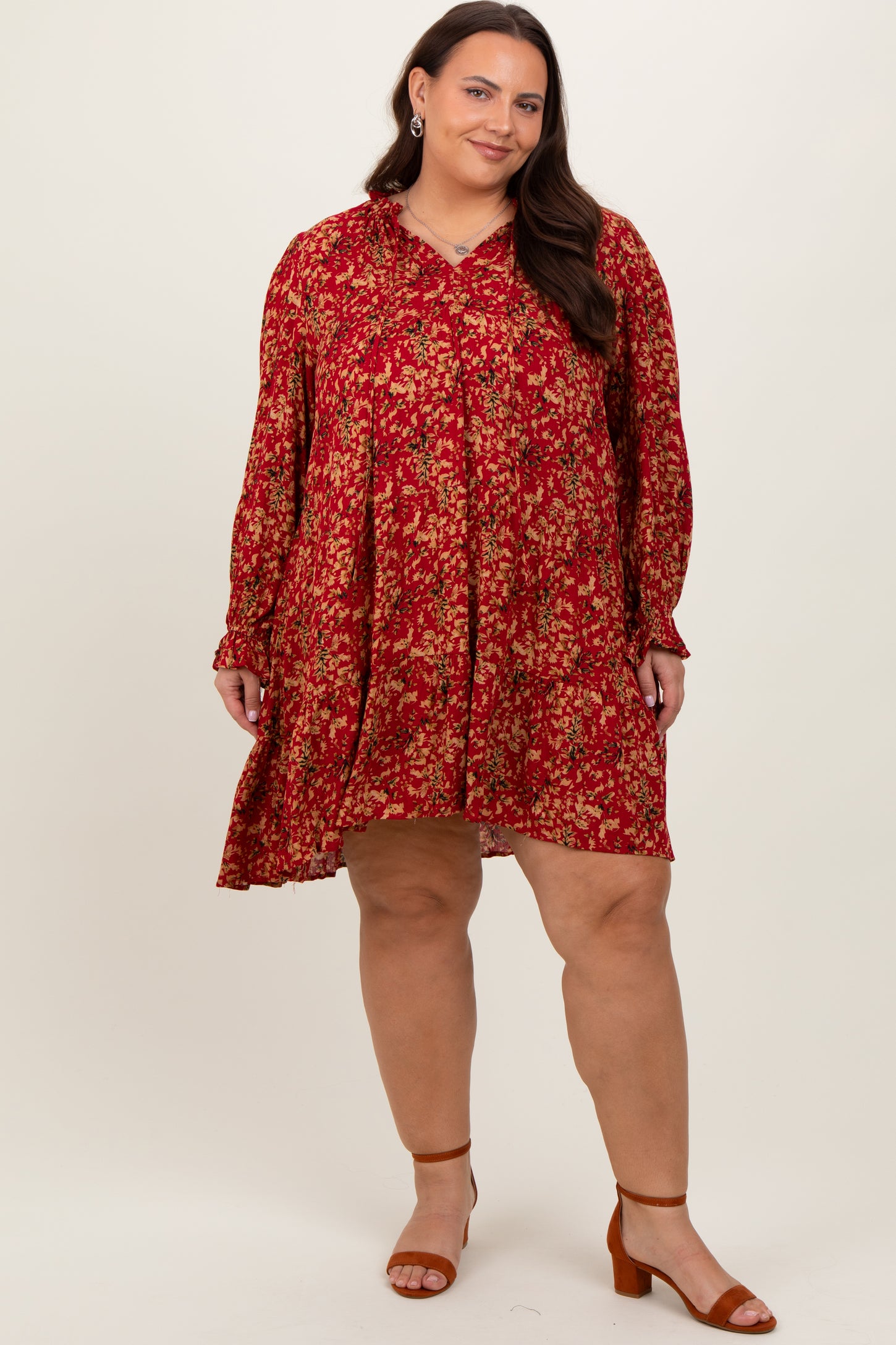 Red Leaf Print Long Sleeve Plus Dress