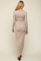 Taupe Ribbed Long Sleeve Square Neck Maternity Maxi Dress
