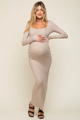 Taupe Ribbed Long Sleeve Square Neck Maternity Maxi Dress