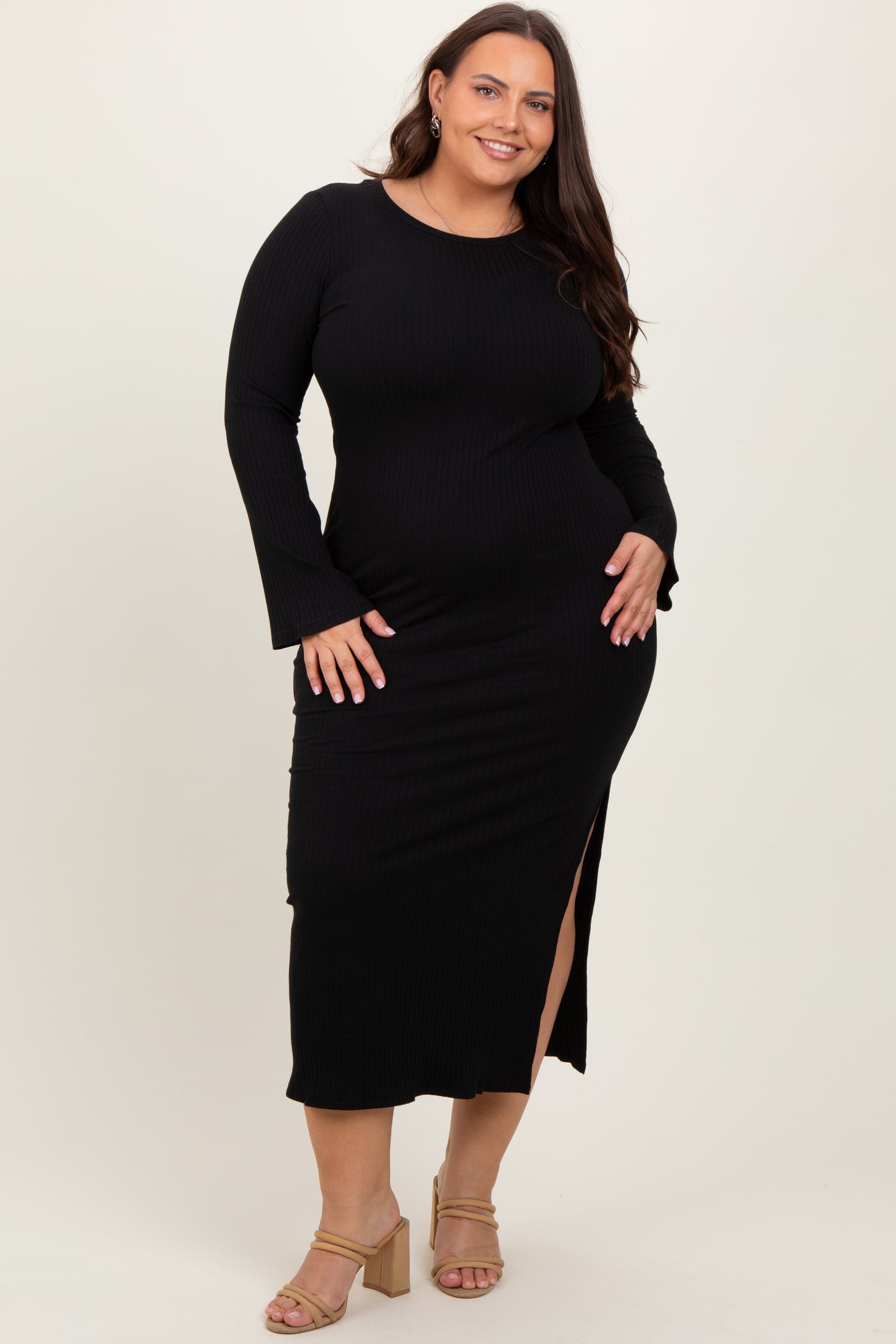 Black Ribbed Side Slit Maternity Plus Maxi Dress – PinkBlush
