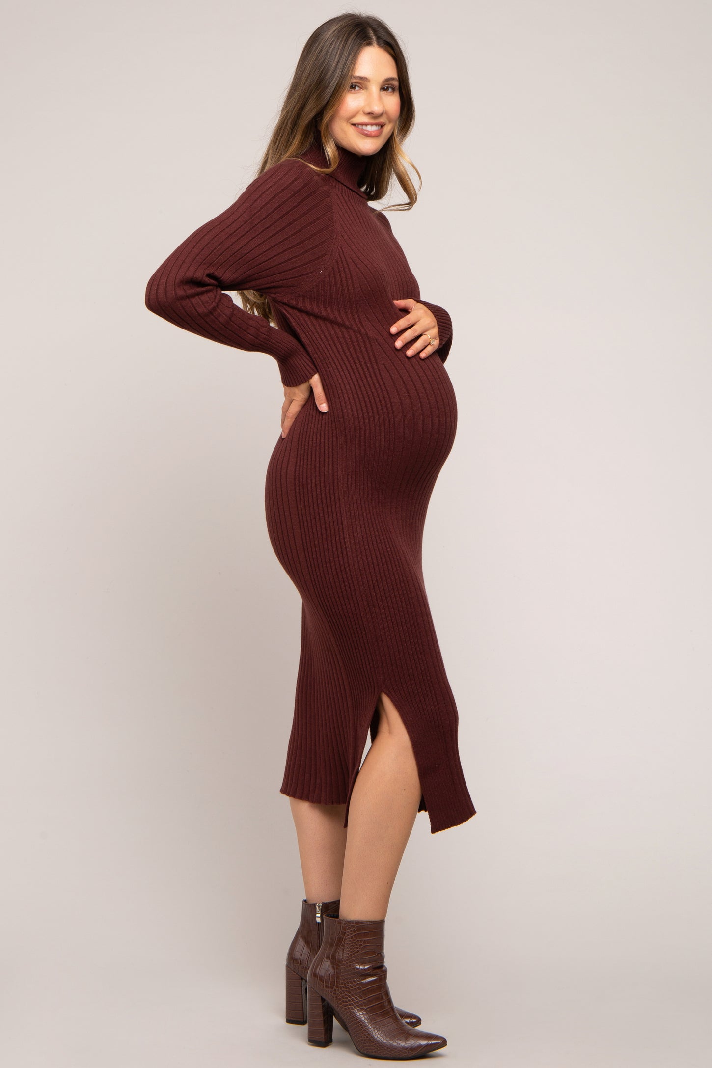 Brown Long Sleeve Turtleneck Maternity Sweater Dress Brown Long Sleeve Turtleneck Maternity Sweater Dress