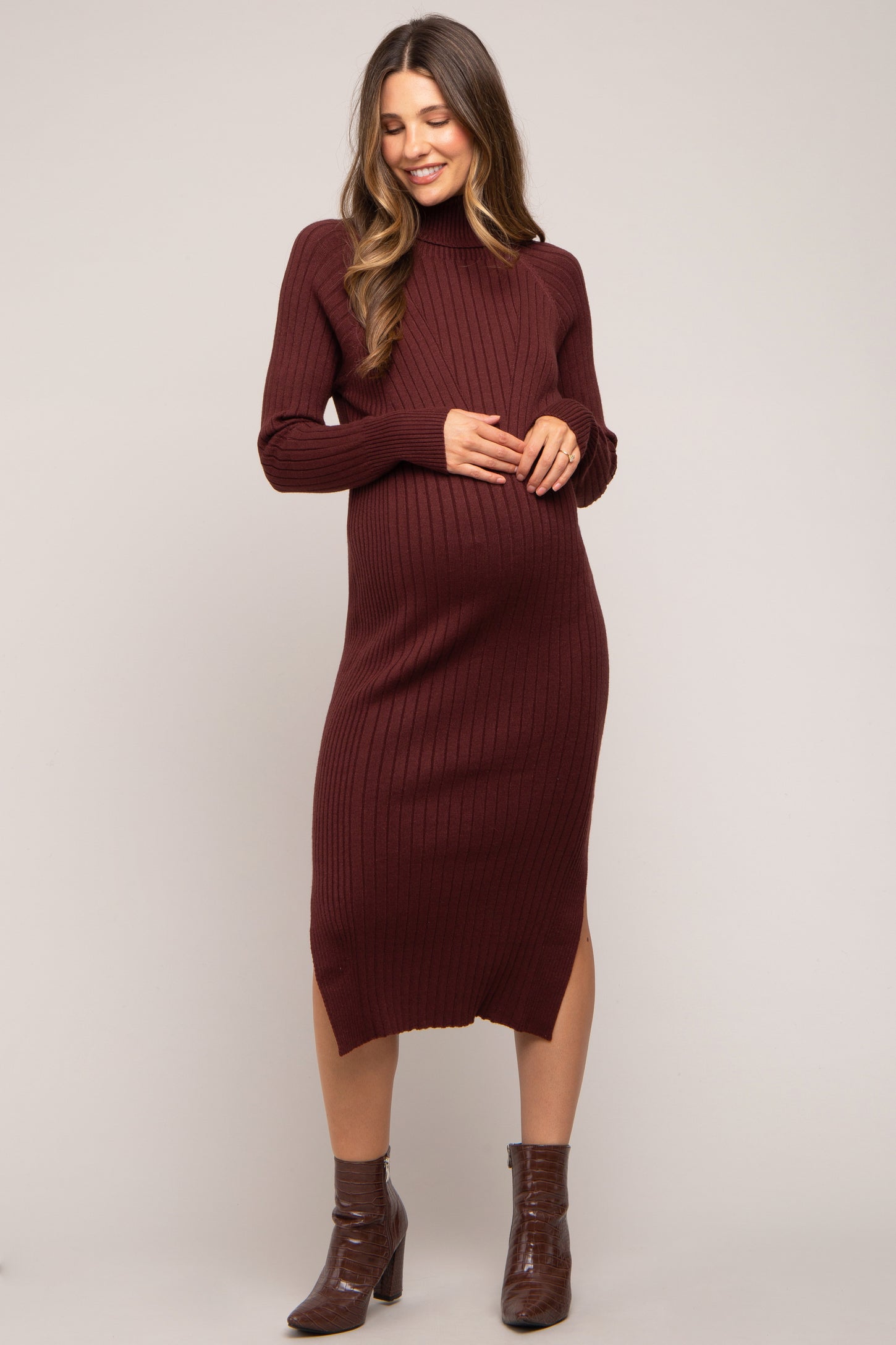 Brown Long Sleeve Turtleneck Maternity Sweater Dress – PinkBlush