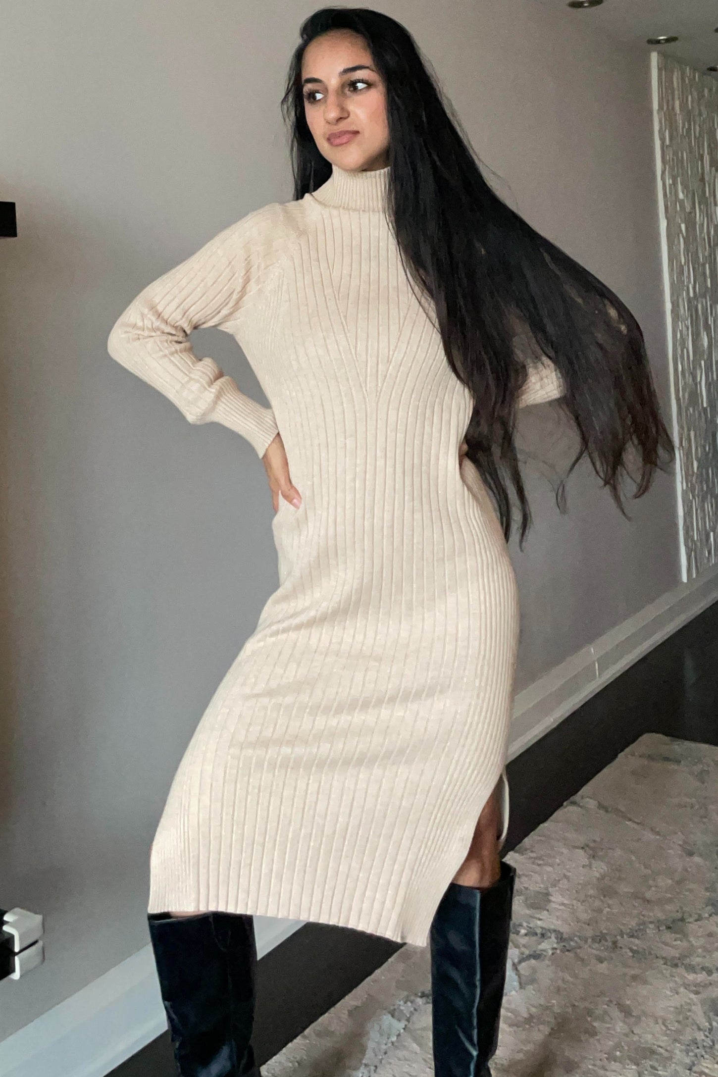 Beige Long Sleeve Turtleneck Sweater Dress PinkBlush Beige Long Sleeve Turtleneck Sweater Dress PinkBlush