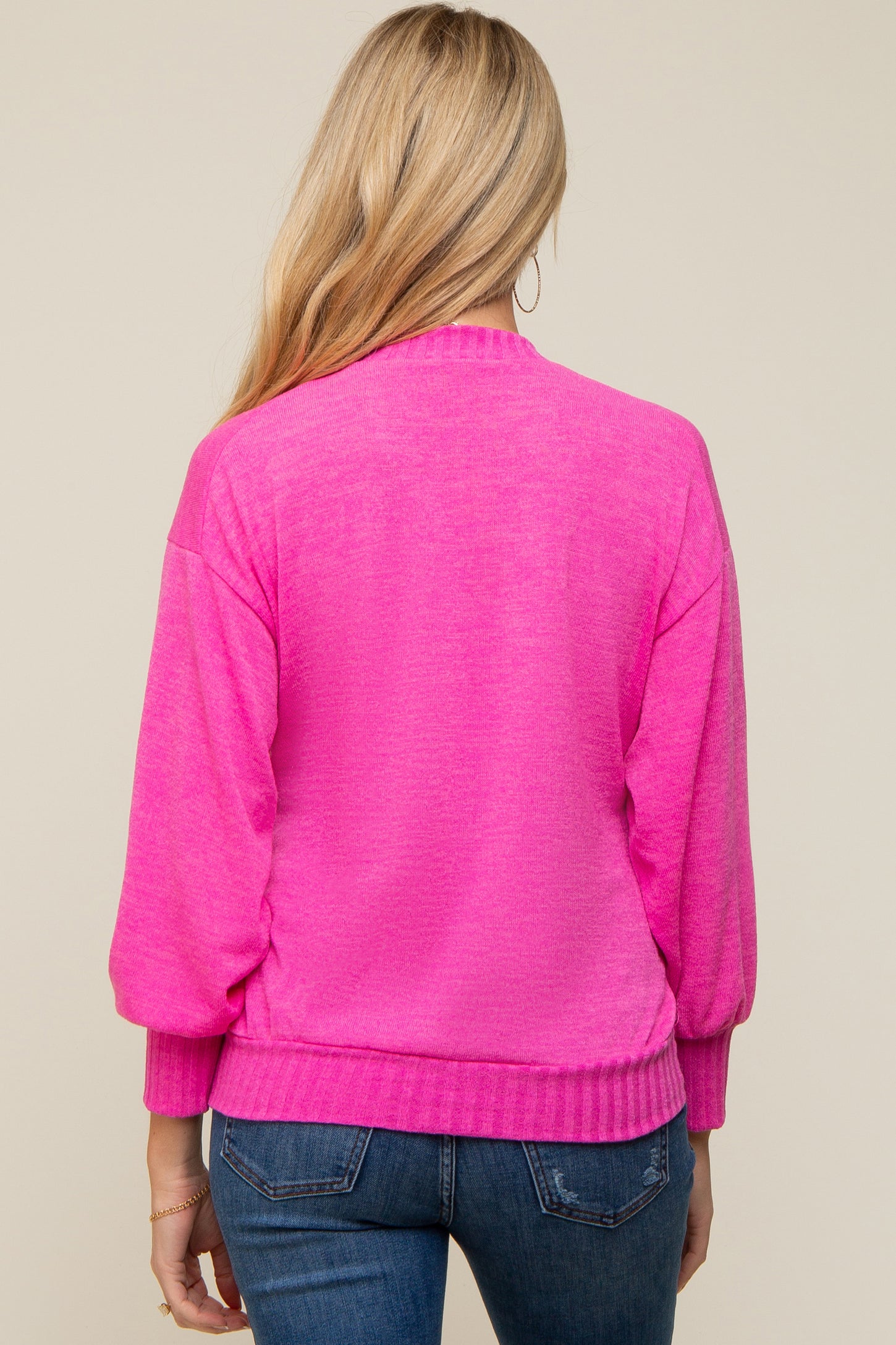 Fuchsia Balloon Sleeve Ribbed Hem Maternity Sweater