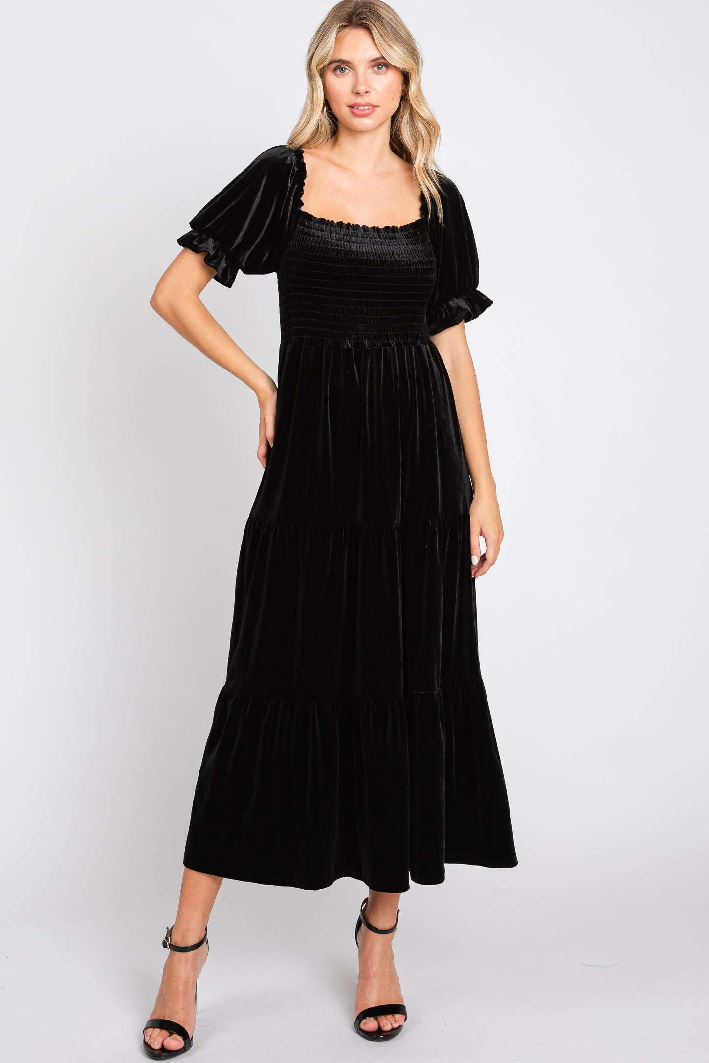 velvet tiered midi dress Blczomt Velvet Womens Holiday Dress Tiered Green Midi Long Sleeve Dresses Crewneck Flowy Solid Color Dressy Dress
