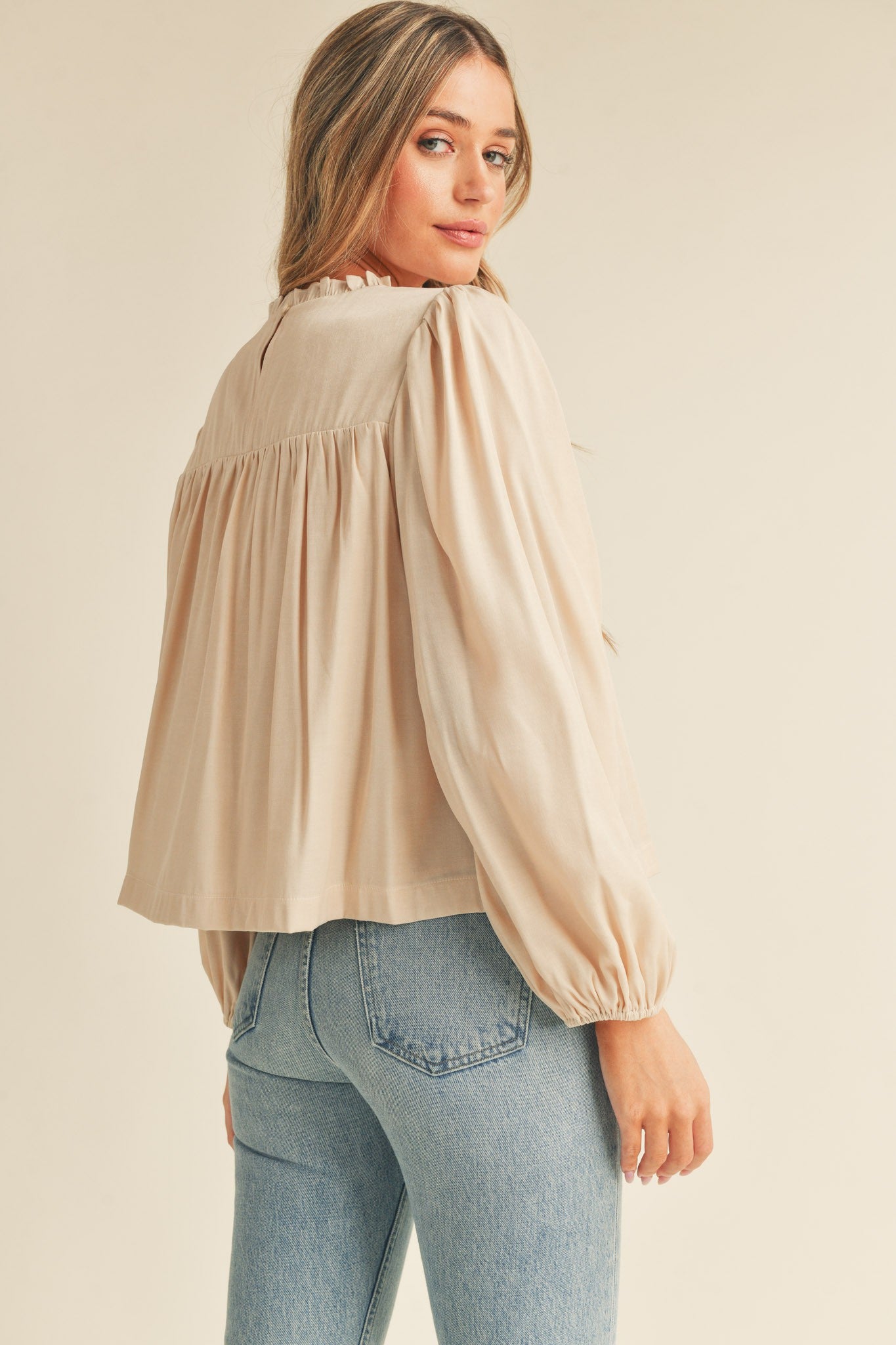 Cream Pintuck Yoke Top With Long Puff Sleeves – PinkBlush