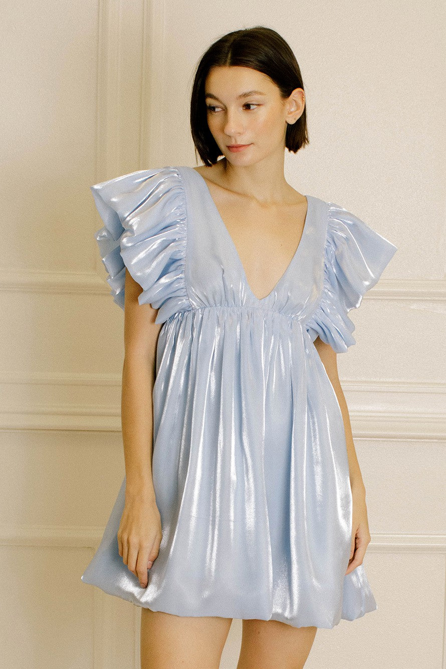 Blue Monochromatic Pastel And Shiny Sheen Mini Dress