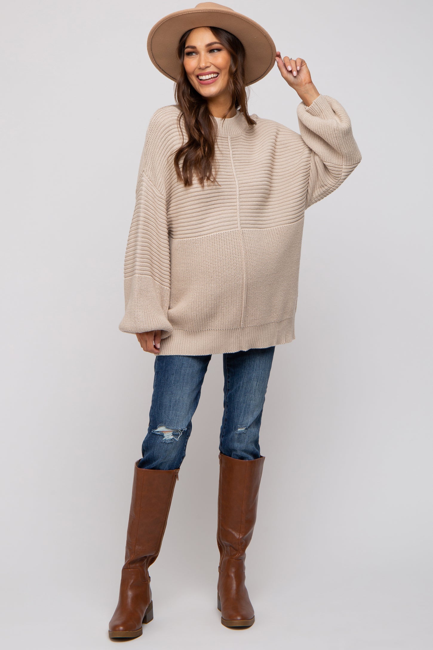 Beige Ribbed Maternity Sweater
