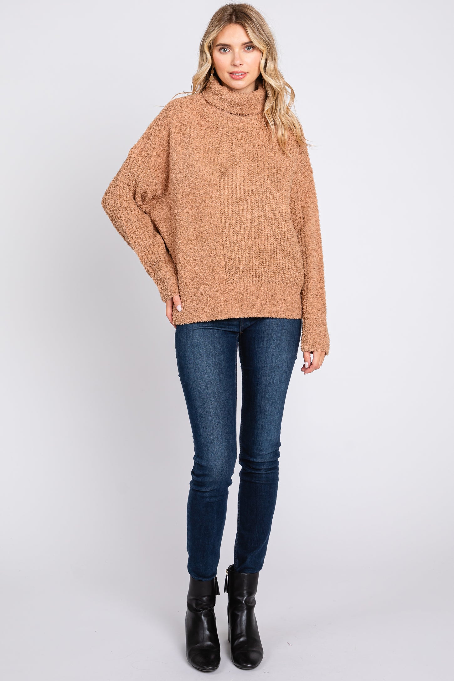 Camel Ribbed Boucle Knit Turtleneck Sweater
