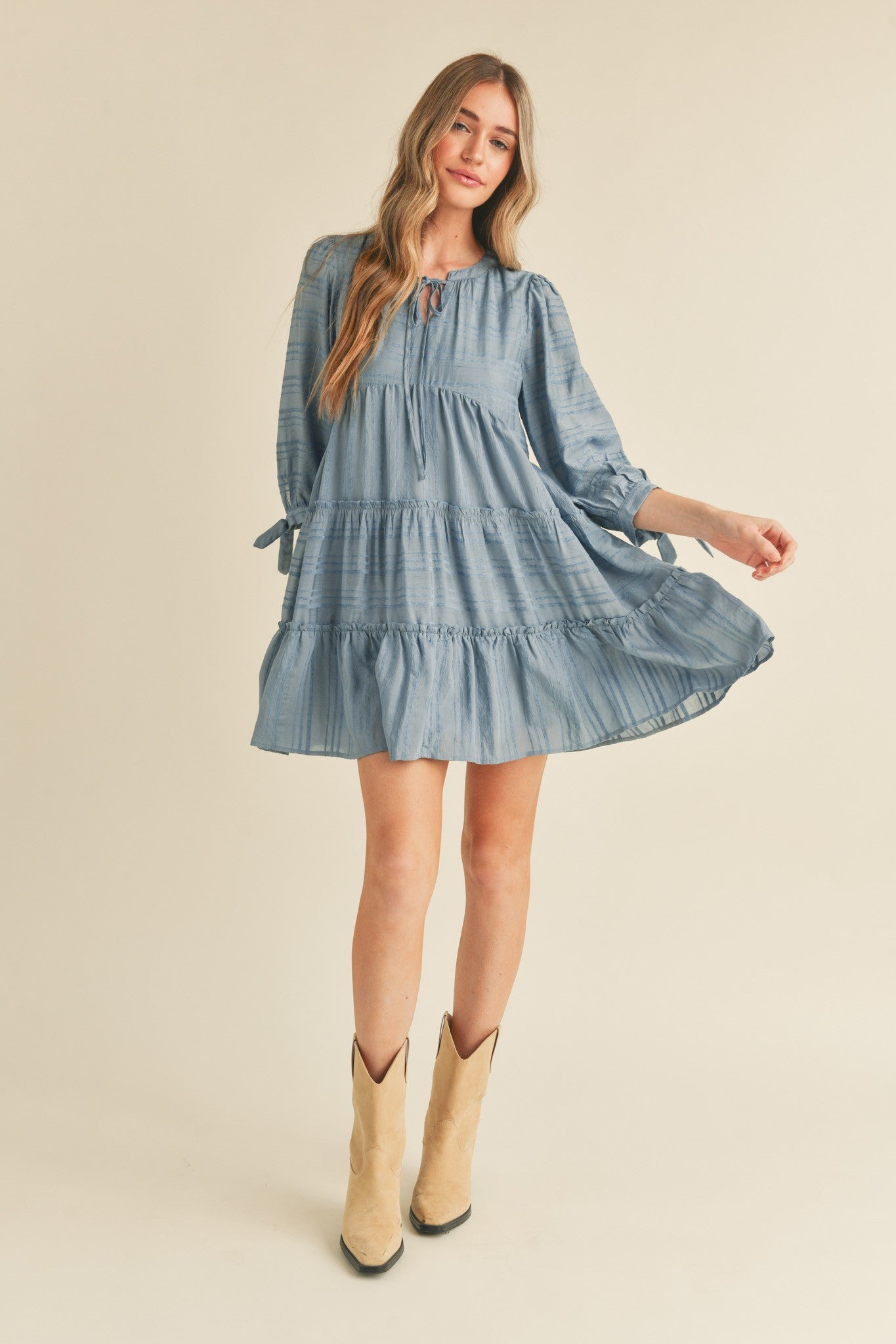 Dusty Denim Blue Tiered Long Sleeve Mini Dress Small