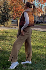 Brown Soft Wide Leg Side Slit Sweatpants