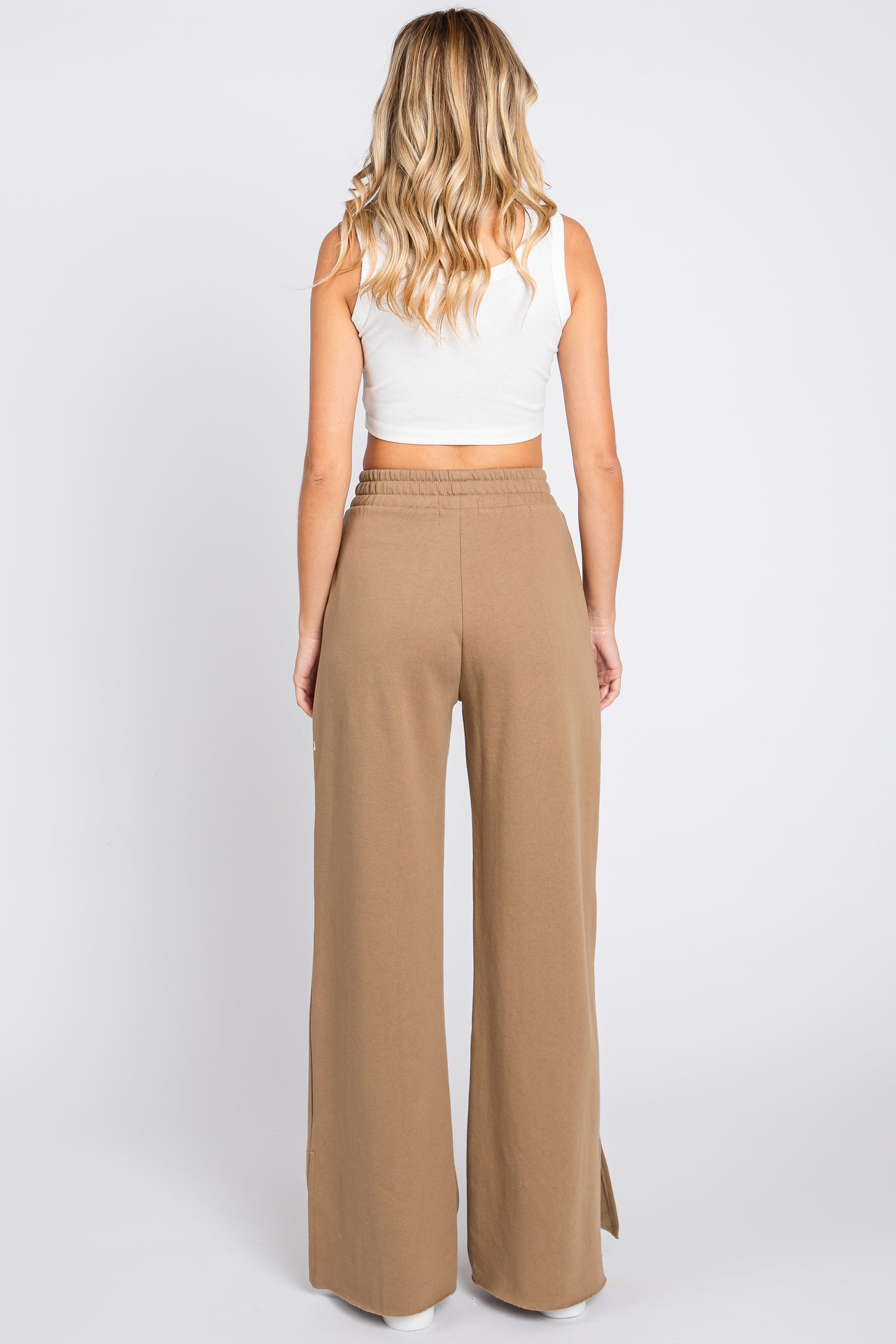 Brown Soft Wide Leg Side Slit Sweatpants
