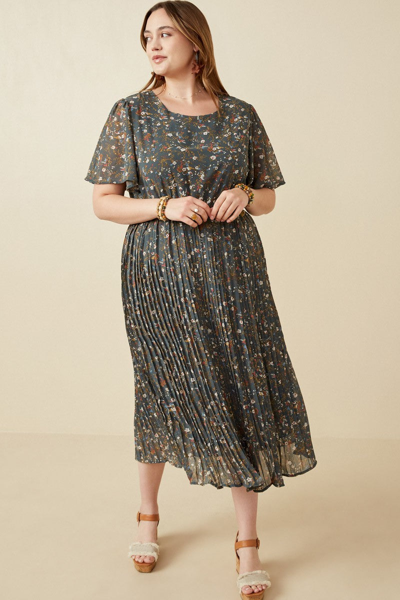 green floral pleated midi dress Forest Green Floral Pleated Chiffon Plus Midi Dress