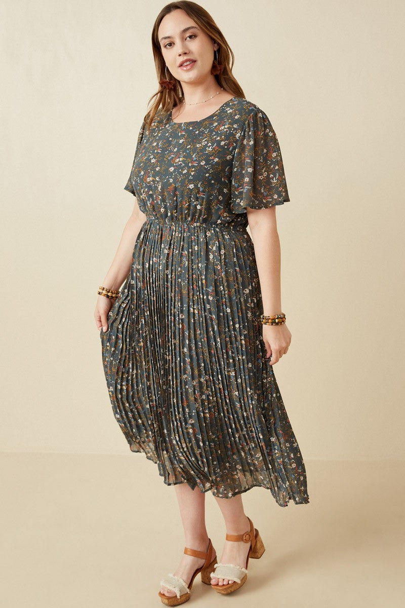 Forest Green Floral Pleated Chiffon Plus Midi Dress Forest Green Floral Pleated Chiffon Plus Midi Dress