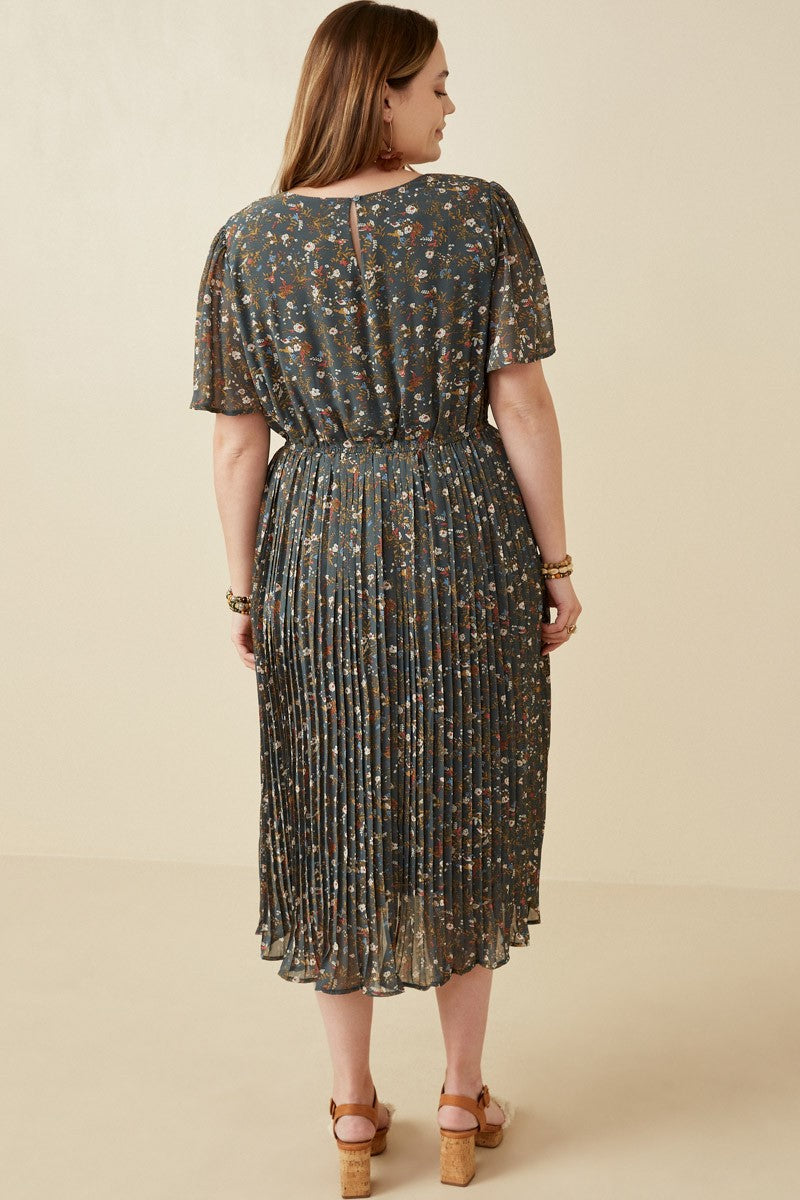 green floral pleated midi dress Dark Green Floral Dress - Tie-Back Dress - Pleated Midi Dress