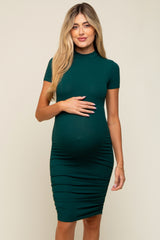Hunter Green Ribbed Ruched Short Sleeve Maternity Dress