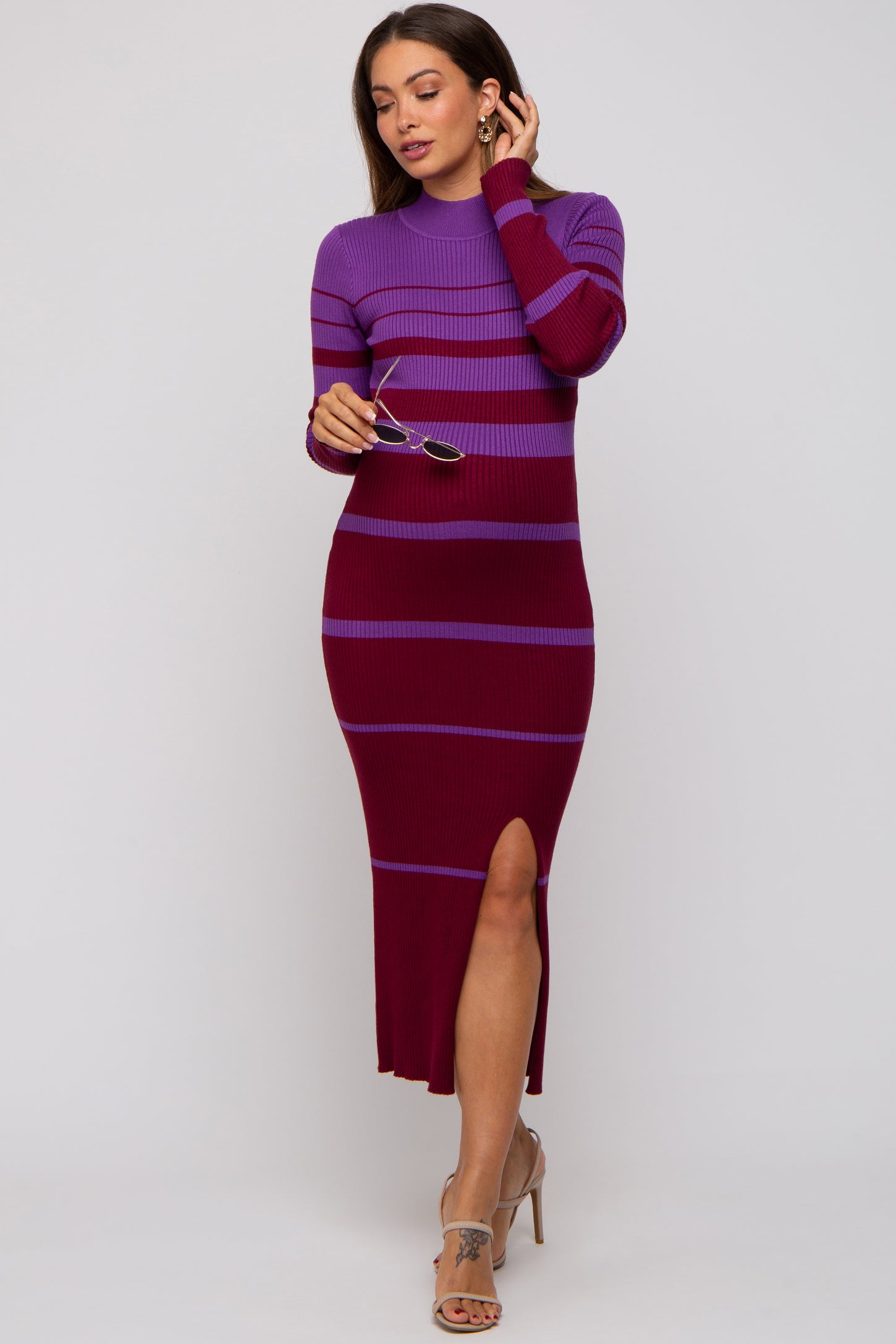 Plum Striped Mock Neck Maternity Sweater Dress