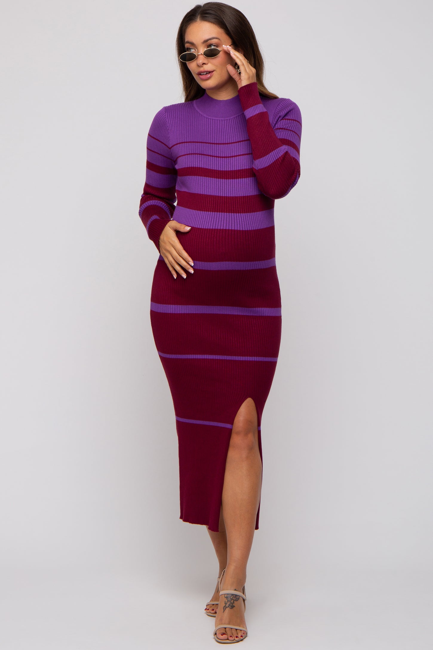 Plum Striped Mock Neck Maternity Sweater Dress PinkBlush Plum Striped Mock Neck Maternity Sweater Dress PinkBlush
