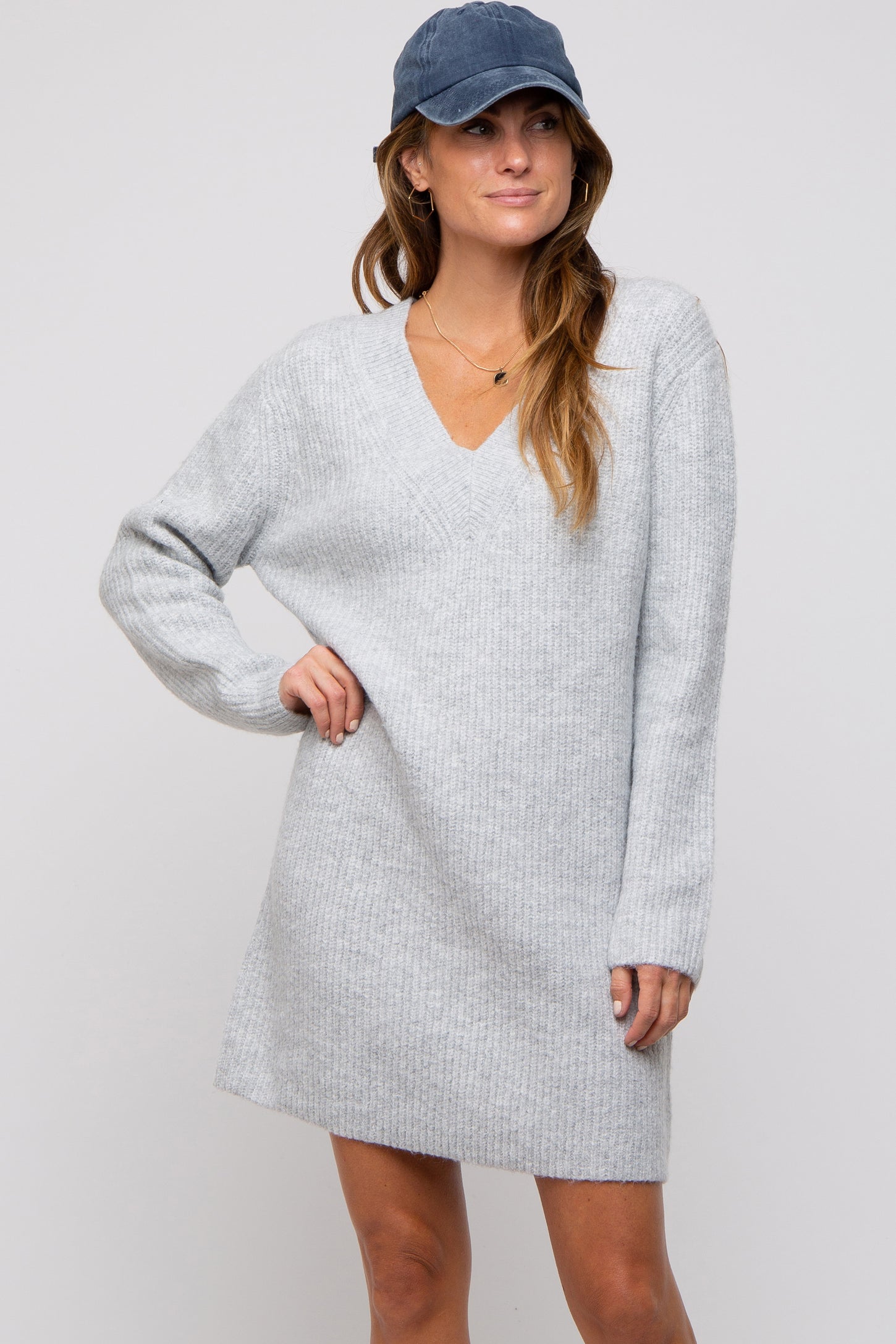 Heather Grey V-Neck Oversized Sweater Dress PinkBlush Heather Grey V-Neck Oversized Sweater Dress PinkBlush