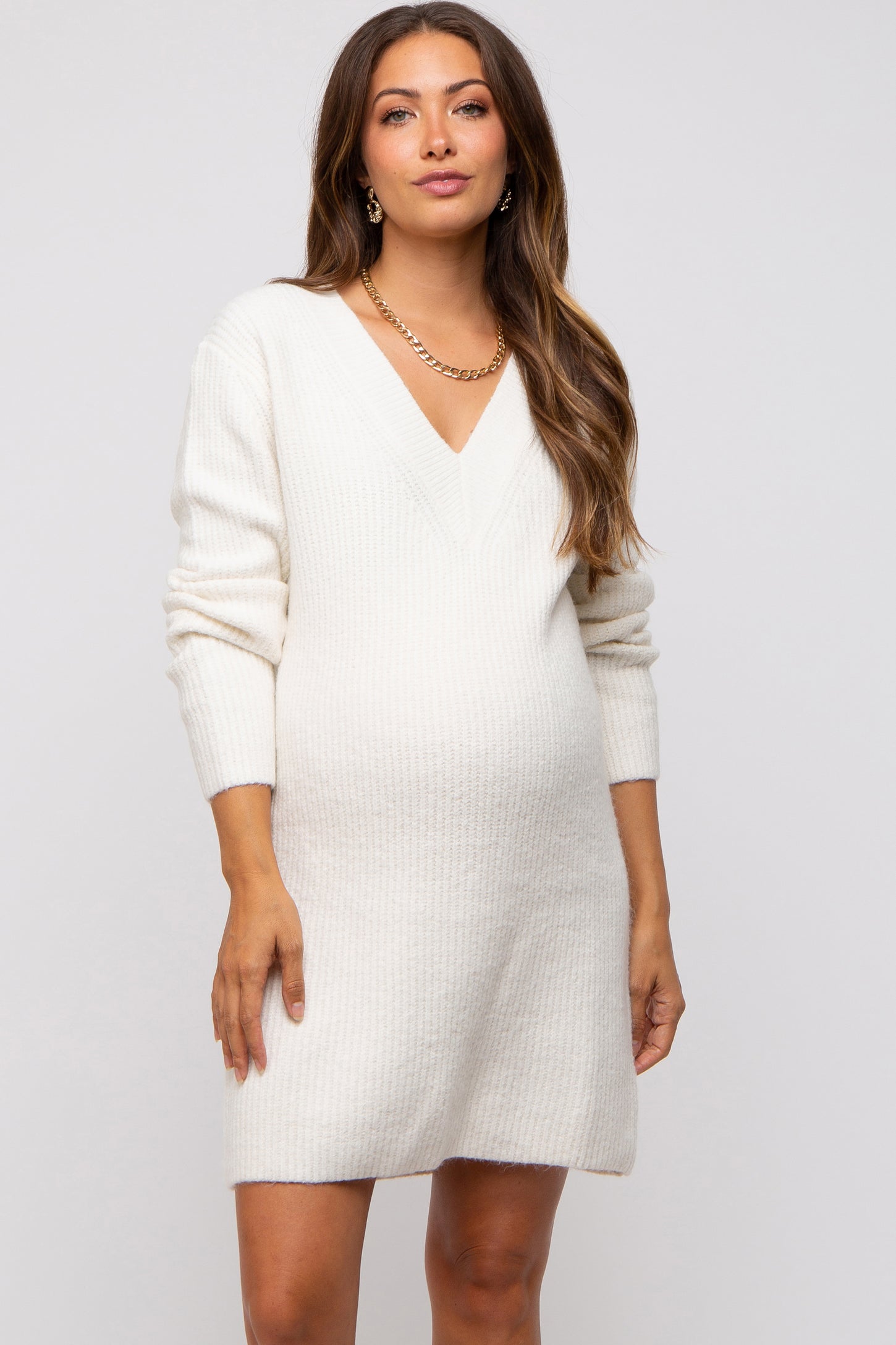 Ivory V-Neck Oversized Maternity Sweater Dress – PinkBlush Ivory V-Neck Oversized Maternity Sweater Dress – PinkBlush