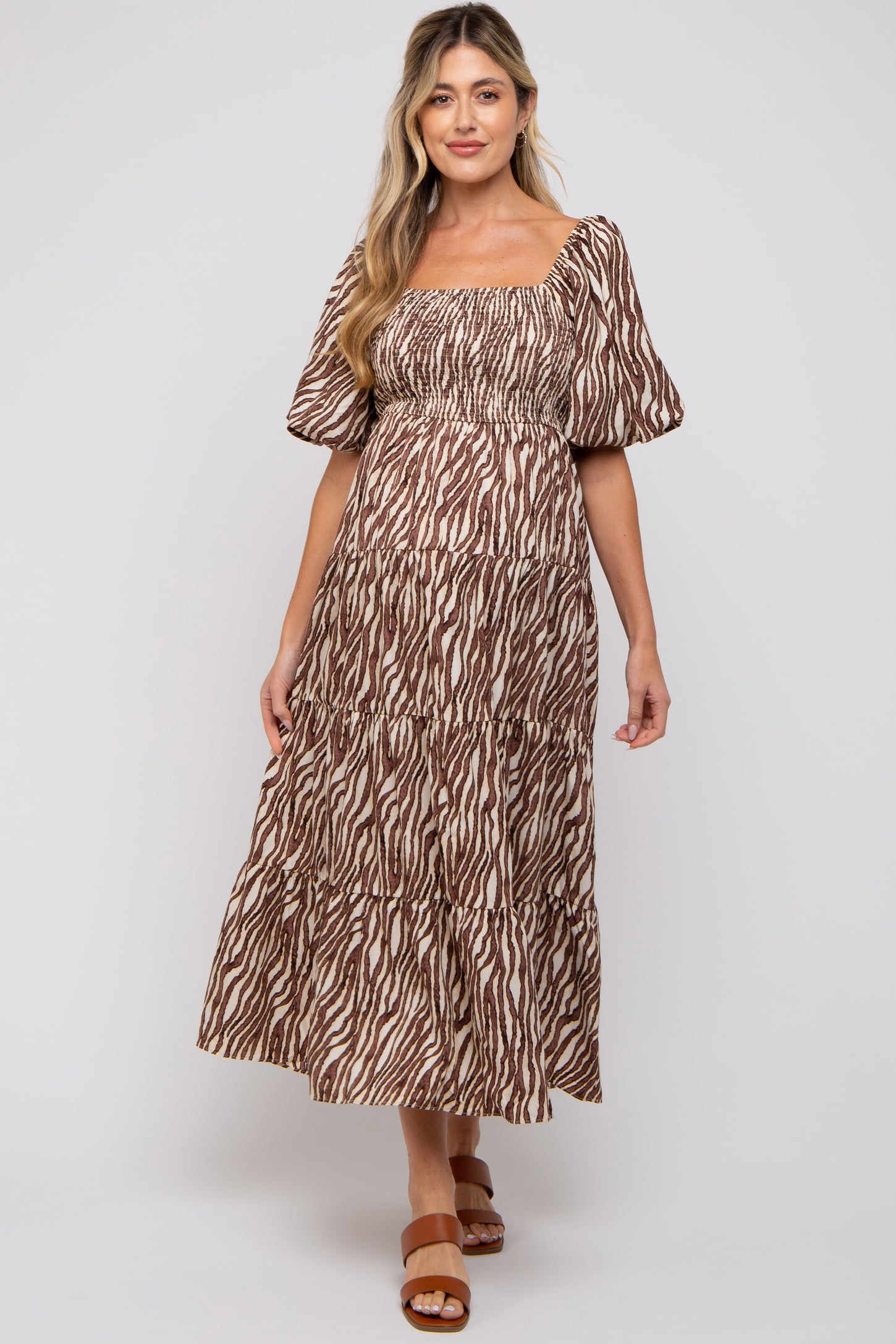Brown Printed Smocked Maternity Maxi Dress