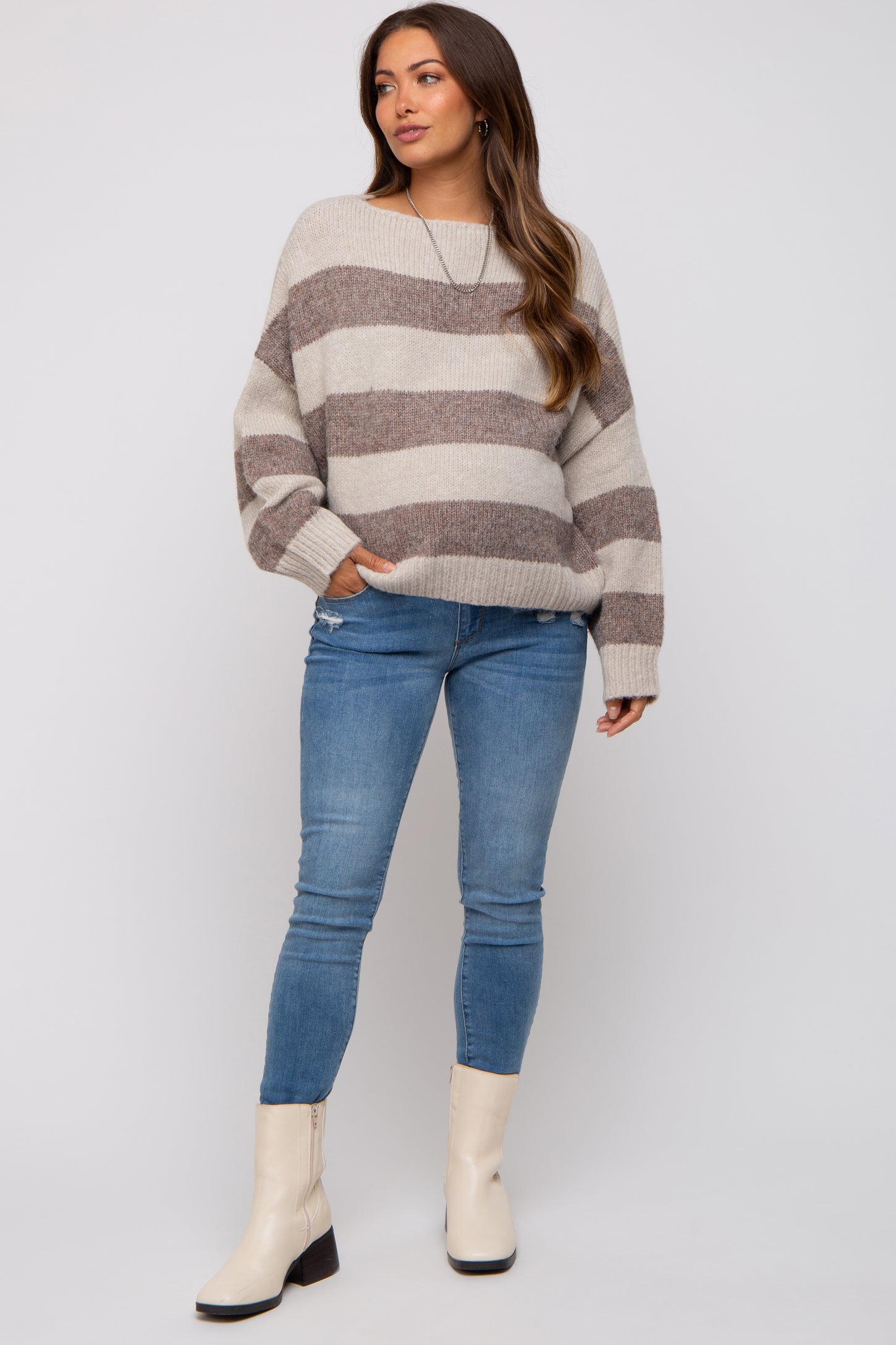 Brown Striped Knit Cropped Maternity Sweater