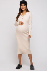 Beige Ribbed Knit Collared Long Sleeve Maternity Midi Dress