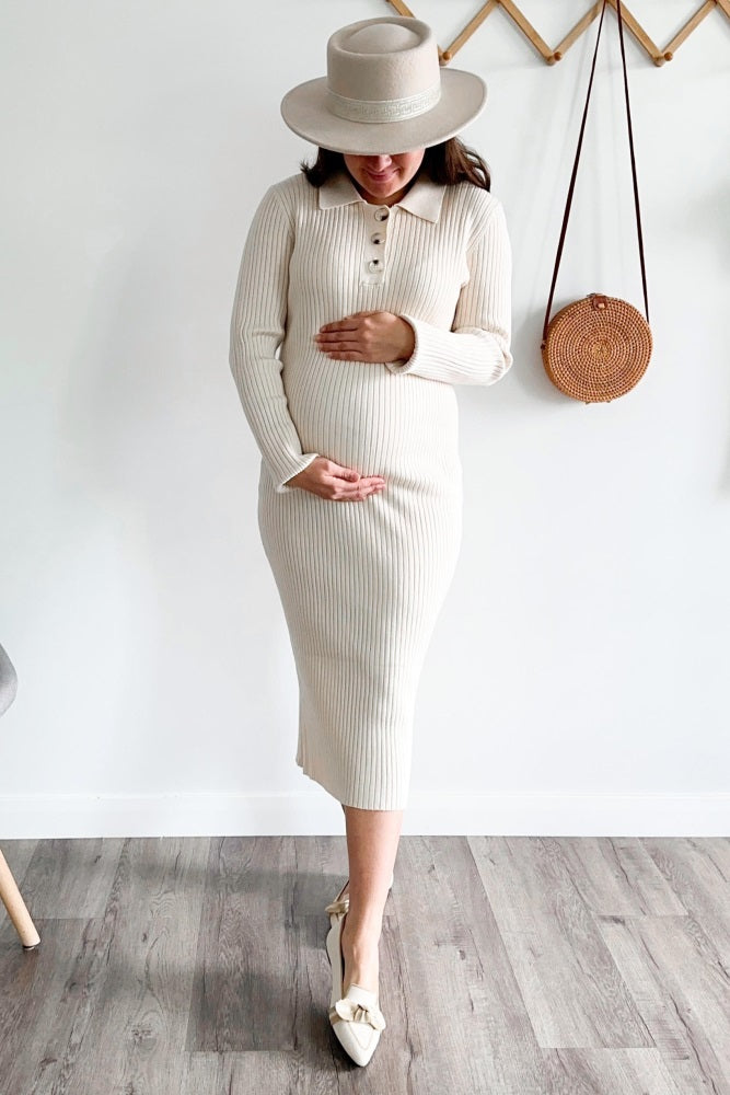Beige Ribbed Knit Collared Long Sleeve Maternity Midi Dress